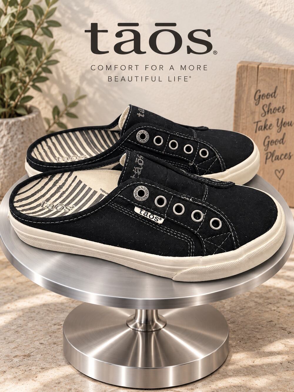 Taos EZ Soul Black Canvas Laceless Slip-On Mule Sneakers US 6